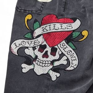 ED HARDY Women's Love Kills Slowly Skull Wide Leg Jean WEHD8300-1 Size 30 EUC